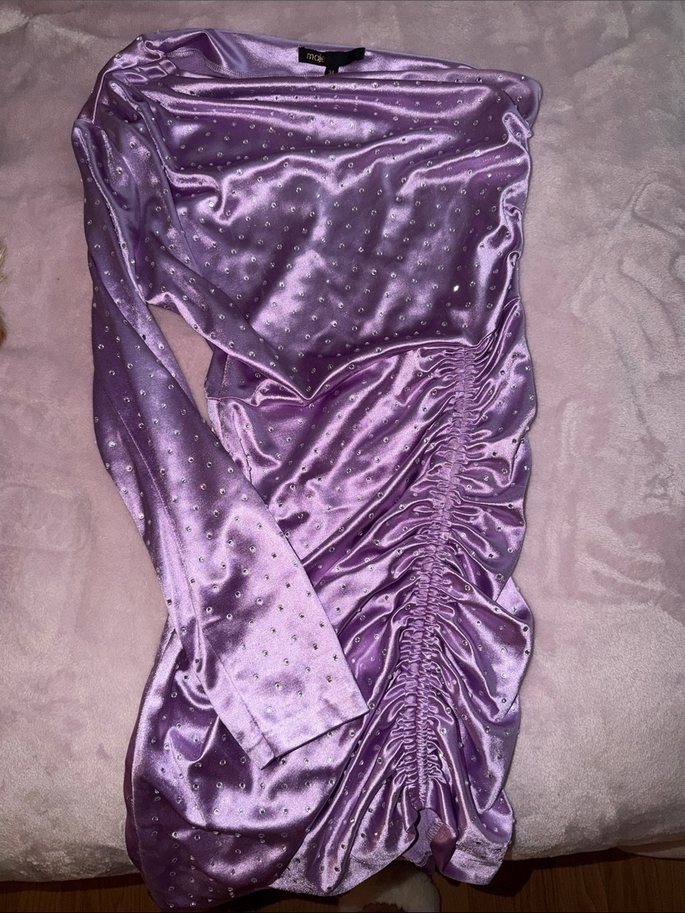 Maje Lilac Satin Ruched Nightdress with Rhinestones
